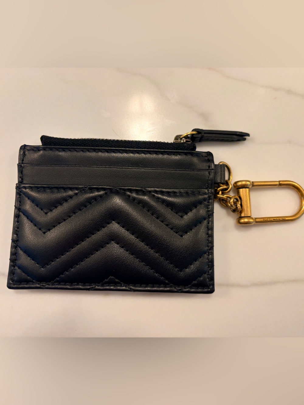 Gucci Black Chevron Leather Card Holder Keychain with Gold Double G - Picture 3 of 6